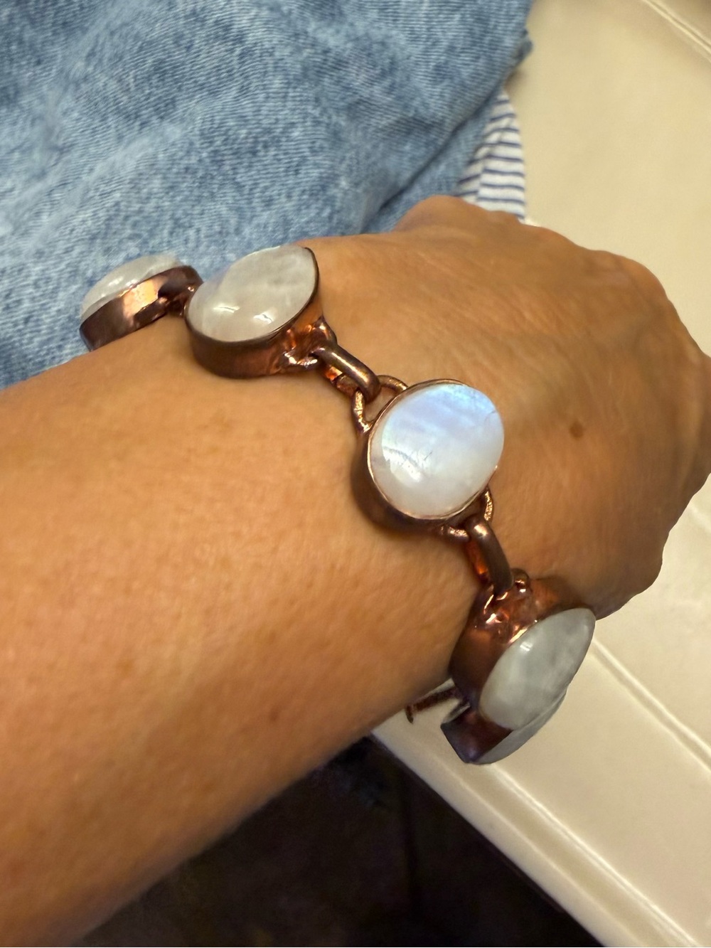 Solid Copper and Bezel Set Rainbow Moonstone Bracelet. NWT